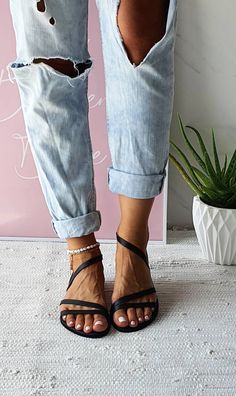 Black Leather Sandals Greek Gladiator Sandals Summer Shoes | Etsy Casual Open Toe Toe Ring Sandals, Closed Toe Ring Sandals For Spring, Greek Gladiator, Sandals Greek, Birkenstock Mayari, Black Leather Sandals, Women Sandals, Sandals Summer, Strappy Sandals