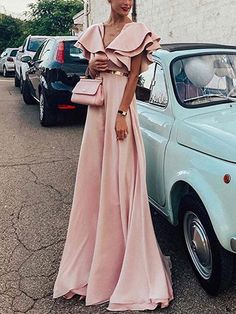 Pink Bohemia Sleeveless Solid Color Maxi Dress Prom Dress With Ruffles, Prom Dresses Long Pink, Lady Like, Petal Sleeve, Dress With Ruffles, Pink Chiffon, Beauty Dress, Prom Dresses With Sleeves, Looks Chic