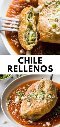 two pictures with different types of food on them and the words chile rellenos