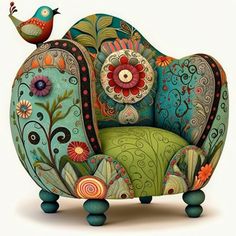 the colorful chair is decorated with flowers, birds and swirly designs on it's sides