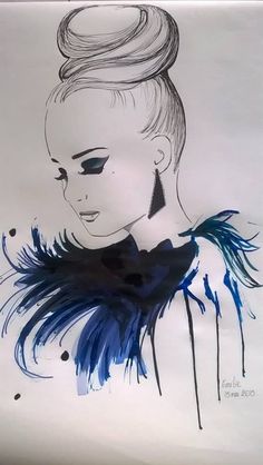 a drawing of a woman's face with blue feathers on her neck and shoulders