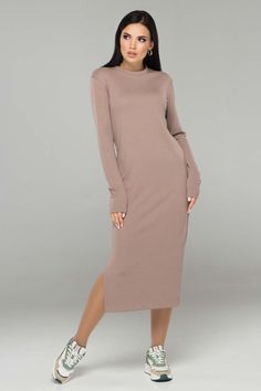 The silhouette is tight-fitting. The neck is rounded. A small slit on the side. A belt is included. Material: 50% viscose & 50% polyester Made in Europe Long Tight Dress, Beige Long Sleeve Dress, Dress Minimalist, Beige Long Sleeve, Soft Dress, European Women, Little White Dresses, Sleeve Midi Dress, Long Sleeve Midi