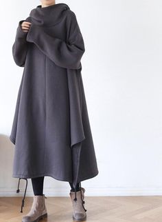 Oversized Dresses, Long Waistcoat, Casual Cotton Dress, Hooded Cape, Hooded Dress, Loose Fitting Dresses, Irregular Hem, Oversized Dress, Cape Dress