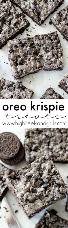 oreo krispie cookies on a baking sheet with the title overlay above it