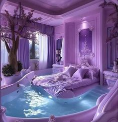 a bedroom with purple lighting and a large jacuzzi tub in the middle of it