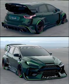 two different views of the front and side of a car with green lights on it