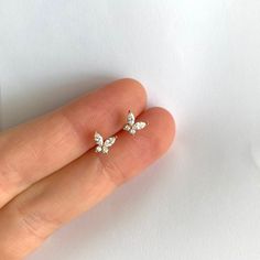 Butterfly Stud Earrings in Sterling Silver Tiny CZ Butterfly - Etsy Canada Small Ear Studs Design Gold, Butterfly Piercing Earrings, Tiny Stud Earrings Gold, Dainty Stud Earrings, 2 Ear Piercings, Piercings Chart, Net Gown, Ear Piercing Studs