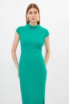 Tailored Structured Crepe High Neck Cap Sleeve Midi Dress | Karen Millen Classic Midi Length Elastane Dresses, Fitted Mid-length Midi Dress For Office, Office Midi Dress In Solid Color, Classic Knee-length Elastane Dress, Classic Green Midi Dress For Evening, Classic Green Evening Midi Dress, Fitted Mid-length Bodycon Dress For Work, Office Knee-length Solid Midi Dress, Office Knee-length Midi Dress