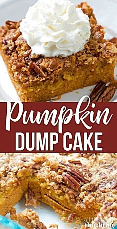 pumpkin dump cake with whipped cream and pecans in the middle on a white plate