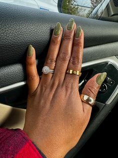 Fall  nails with design Olive Green Nails Almond Shape, Short Olive Green Nails Designs, Olive Almond Nails, Olive Green Almond Nails, Green Nails Black Women, Green Oval Nails, Olive Green Nails Designs, Olive Green Fall Nails, Green Short Nails