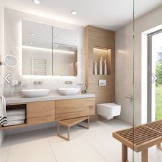 a modern bathroom with two sinks and a large mirror above the sink, along with a wooden bench