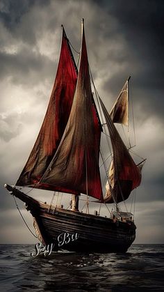 an old sailing ship in the middle of the ocean under a cloudy sky with words on it