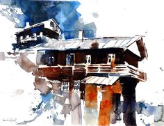 watercolor painting of a house in the snow