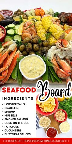 the seafood board is full of different types of food