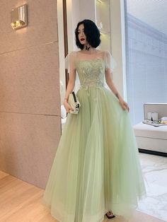 Light Green Tulle with Lace Cap Sleeves Long Evening Dress, Beautiful Green FormaL Dresses,PD22277 on Storenvy Belle Inspired Formal Dress, Light Green Prom Dress Long Sleeve, Sage Green Dress Outfit Wedding, Enchanted Garden Dress Prom, Tinker Bell Prom Dress, Light Green Grad Dress, Light Green Dress Prom, Prom Dress Light Green, Green Prom Dress With Sleeves