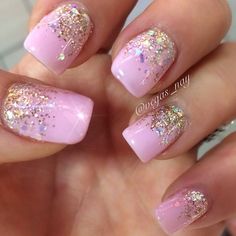 Pink And Gold Nails, Frozen Nails, Sparkle Nail Designs, Hoco Nails, Baby Pink Nails, Ombré Nails, Pink Glitter Nails, Pink Gel Nails, Pink Gel