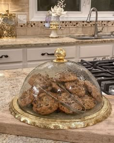 cookies under a glass dome on top of a counter