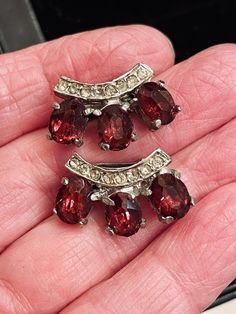 Vintage  Clip Earrings Red Foiled Prong-set Rhinestones  5/8" Silverplate Etch Vintage Clip, Prong Setting, Clip On Earrings