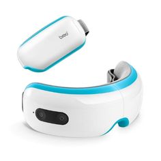 an electronic device with a blue and white band around it's neck, sitting on a white surface