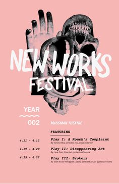 a poster for the new works festival with a skeleton holding up a hand in front of it