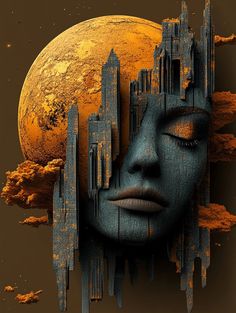 a woman's face is shown in front of an orange moon and cityscape