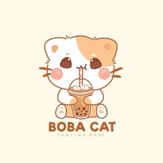 a cartoon cat with a drink in it's hand and the words boba cat on