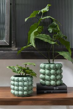 two green planters sitting on top of a wooden table next to books and a window