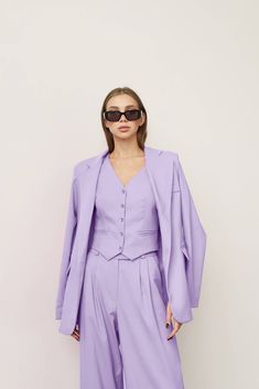 Lilac Woman Blazer, Women Pantsuit, Lavender Blazer, Party Suit, Birthday Suit, Palazzo Suit, Bridesmaid Outfit, Wedding, Birthday, Party ⭐Size: Please write your chest, waist, hips, height, and we will make a suit to your individual measurements! After you place your order, we may ask you for additional measurements. We do this to ensure that the suit fits you perfectly👌😊 ⭐Our fabric: We have used a premium quality suiting fabric.  ⭐Shipping: ✈️We have two shipping options that we can offer: Spring Purple Fitted Suits, Solid Color Sets For Spring Wedding, Maid Of Honor Suit, Spring Wedding Purple Sets, Elegant Lavender Party Sets, Purple Wedding Sets For Spring, Spring Party Suit In Solid Color, Spring Purple Formal Suit, Sleeveless Spring Wedding Pantsuit