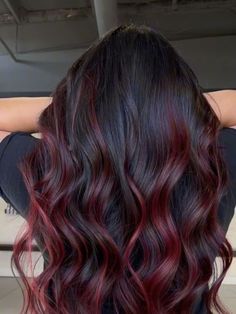 Hair Dye On Tips Of Hair, Red Colour Hair Highlights, Red Hair Color Highlights For Black Hair, Red Hair Color On Brunettes, Copper Red Hair Color Balayage Low Lights, Dark Brown With Burgundy Underneath, Wine Color Highlights On Black Hair, Good Colors To Dye Dark Brown Hair, Wine Colour Highlight