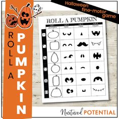 a pumpkin themed roll a pumpkin game for kids to play on the halloween theme is shown