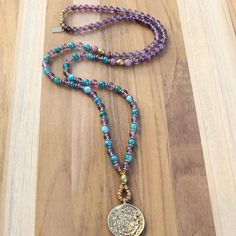 Amethyst and Apatite Mala Necklace with Tibetan Calendar Pendant Mala Necklace Outfit, Purple Diy, Beads Mala, Amethyst Healing, Purple Quartz, Jewelry Making Necklace, Healing Necklace, African Turquoise, Chakra Jewelry