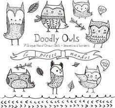 doodle owls with banners and leaves