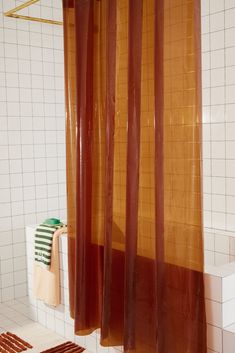 a bathroom with a shower curtain and rugs on the floor in front of it