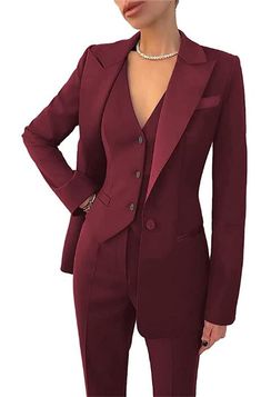 PRICES MAY VARY. Material:This Women suits is made of high quality material,75% Polyester and 25% Viscose.the fabric is Comfortable, breathable, softer, smoother. Regular fit cutting design, elegant chic style.The 3 Pcs Women tuxedo suits are really unique and elegant for you to stand out in party wedding or graduation.also this is best gifts for your mother,wife,daughter or girlfriends. Women Blazer Suit Set Details:a coat/blazer and a pants and 1 Vest.Slimming fit for the women.also we can cus Pantsuit Wedding, Womens Suit Vest, Pant Suits For Women, Tuxedo Women, Business Jacket, Fly Outfit, Burgundy Suit, Chique Outfits, Pant Suits