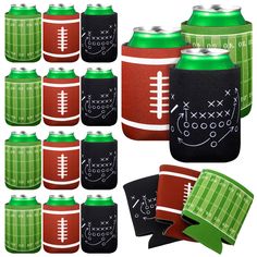 a collage of sports themed can coolers with football designs on the front and back