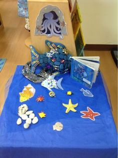 there is a blue table cloth with an octopus on it and other items around it