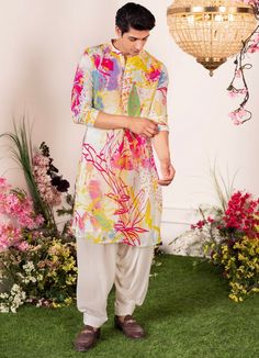 White Vibrant Printed Kurta Juhi Bengani - Men - Fabilicious Fashion Spring Sherwani With Printed Motifs, Spring Festive Sherwani With Floral Print, Spring Festive Floral Print Sherwani, Spring Festive Floral Sherwani, Multicolor Straight Kurta Salwar Kameez With Dabka, Festive Floral Print Sherwani In Straight Kurta Style, Festive Floral Print Sherwani With Straight Kurta, Printed Kurta For Wedding And Eid, Festival Floral Print Sherwani Straight Kurta