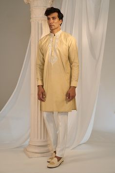 Yellow longline Nehru jacket with contrasting floral pattern aari tilla embroidery. Comes with embroidered placket kurta and pant. - Aza Fashions Eid Embroidered Border Fitted Nehru Jacket, Eid Embroidered Nehru Jacket, Bandhgala With Chikankari Embroidery For Eid, Eid Bandhgala With Chikankari Embroidery And Stand Collar, Eid Chikankari Embroidery Straight Kurta Outerwear, Eid Chikankari Embroidery Straight Kurta, Festive Nehru Jacket With Embroidered Border For Eid, Embroidered Nehru Jacket For Transitional Designer Wear, Transitional Nehru Jacket With Embroidered Border