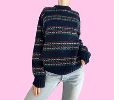 Vintage 80s Navy Blue Geometric Striped Skater Grunge Sweater Pullover closure with long sleeves. Great condition Brand - Arrow Sport   Tag size - Medium Seen on size small, 5'4  Measurements (laying flat) Chest - 20 in Length - 26 in Sleeve -  23 in #stripedsweater #80ssweater #skatersweater #dadsweater #academia grandpa grunge Blue Vintage Sweater, Retro Blue Knitted Sweater, Retro Blue Long Sleeve Sweater, Blue Long Sleeve Retro Sweater, Navy Vintage Long Sleeve Sweater, 80s Striped Sweater, 90s Blue Cotton Sweater, 80s Sweater, Pullover Sweater Men