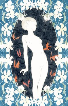 a drawing of a naked woman surrounded by flowers