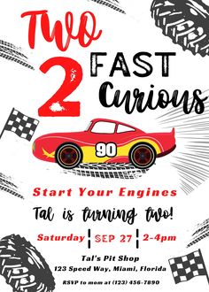 a race car birthday party poster with the number two on it's front and back