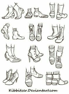 a bunch of different shoes that are drawn in pen and ink with the caption's description below