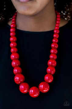 Gradually increasing in size near the center, fiery red wooden beads are threaded along a red string for a summery look. Features an adjustable sliding knot closure.Sold as one individual necklace. Includes one pair of matching earrings. Adjustable Sliding Knot, Sliding Knot Closure, Wooden Bead Necklaces, Red String, Wooden Necklace, Red Necklace, Sliding Knot, Fiery Red, Paparazzi Accessories