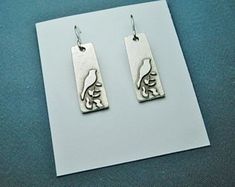 Bird Silver Earrings/ Sterling silver ear wires/ Birthday/ woodland earrings/ bird feather earrings/ Art Nouveau Nature, Earrings Bird, Woodland Earrings, Antique Silver Earrings, Bird Feather, Art Deco Geometric, Leaf Plant, Rectangle Art, Nature Earrings