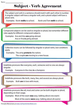 the subject verb agreement worksheet is shown in three different colors and font styles