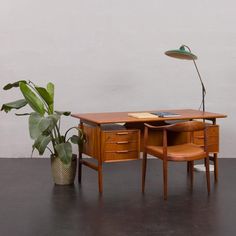 a wooden desk with two chairs next to it and a potted plant on the floor