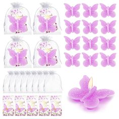 pink butterfly decorations and favors for a birthday or bridal party with purple glitter butterflies