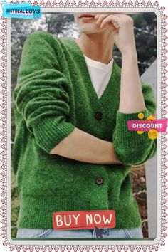 Green Casual Buttoned Knitted Cardigan Casual Button-up Sweater In Solid Color, Casual Button-up Solid Color Sweater, Green Button-up Winter Cardigan, Green Knit Button-up Outerwear, Green Button-up Winter Sweater, Green Button-up Knit Outerwear, Casual Long Sleeve Knitted Cardigan, Casual Winter Cardigan Solid Color, Casual Winter Cardigan In Solid Color