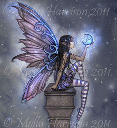 a fairy sitting on top of a pillar with a moon in her hand case for the iphone