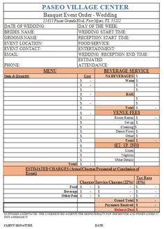 an invoice form for a wedding with the date and time listed on it